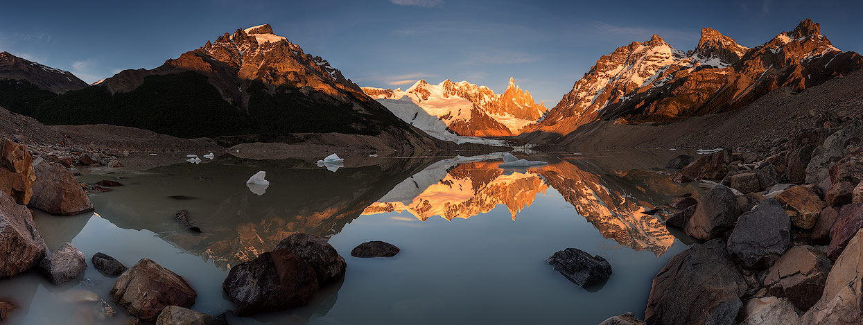 Sunrise with a perfect reflection of Mount Cerro Torre. Lago Torre is just a 10min walk from Camping de Agostini.