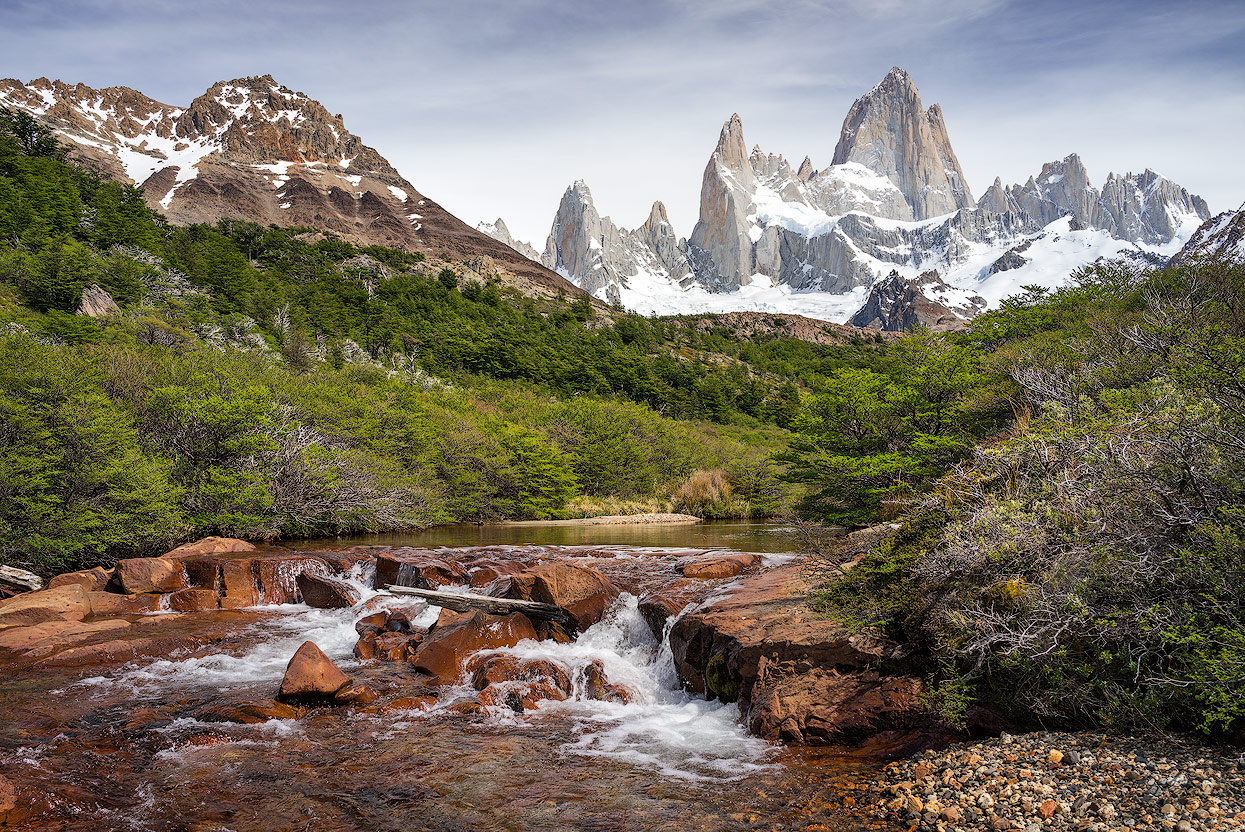 A waterfall with Fitz Roy in the background is a special choice for a photo